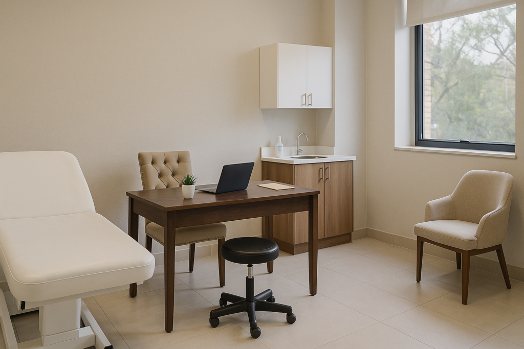 Sala de consultório médico moderna, vista em formato retangular, equipada com mesa de atendimento, duas cadeiras estofadas, maca de exames e iluminação suave, transmitindo um ambiente acolhedor e profissional.