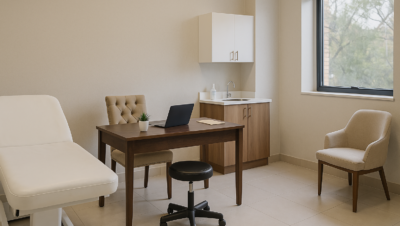 Sala de consultório médico moderna, vista em formato retangular, equipada com mesa de atendimento, duas cadeiras estofadas, maca de exames e iluminação suave, transmitindo um ambiente acolhedor e profissional.
