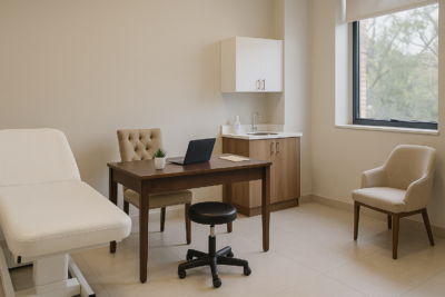 Sala de consultório médico moderna, vista em formato retangular, equipada com mesa de atendimento, duas cadeiras estofadas, maca de exames e iluminação suave, transmitindo um ambiente acolhedor e profissional.