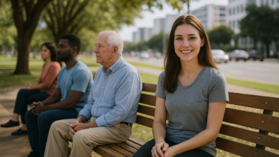 Quatro pessoas de idades e perfis diferentes estão sentadas em um banco de madeira em um parque urbano de Brasília. Em primeiro plano, uma jovem de camiseta cinza sorri para a câmera. Ao lado, um homem idoso e outro homem adulto conversam, enquanto ao fundo uma mulher observa o movimento. Atrás deles, árvores verdes e prédios modernos compõem o cenário.