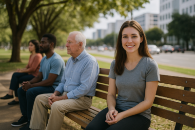 Quatro pessoas de idades e perfis diferentes estão sentadas em um banco de madeira em um parque urbano de Brasília. Em primeiro plano, uma jovem de camiseta cinza sorri para a câmera. Ao lado, um homem idoso e outro homem adulto conversam, enquanto ao fundo uma mulher observa o movimento. Atrás deles, árvores verdes e prédios modernos compõem o cenário.