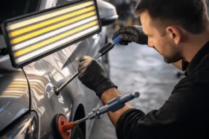 Técnico realizando reparo de lataria automotiva sem pintura com ferramentas de precisão e iluminação técnica, corrigindo amassado em painel do veículo.