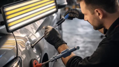 Técnico realizando reparo de lataria automotiva sem pintura com ferramentas de precisão e iluminação técnica, corrigindo amassado em painel do veículo.