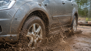 Para-lama automotivo protegendo a carroceria contra lama, água e detritos lançados pelos pneus durante a condução em estrada de terra, destacando sua importância para a proteção e conservação do veículo.