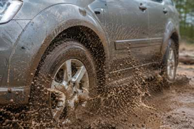 Para-lama automotivo protegendo a carroceria contra lama, água e detritos lançados pelos pneus durante a condução em estrada de terra, destacando sua importância para a proteção e conservação do veículo.